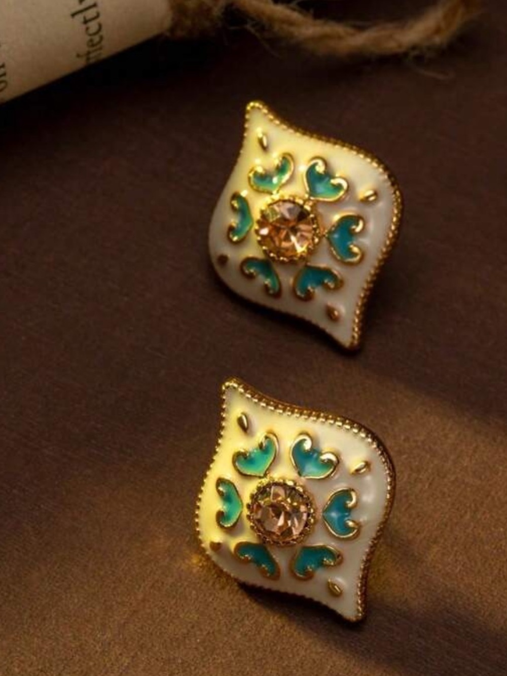 Vintage Gold-Tone White and Teal Enamel Floral Stud Earrings